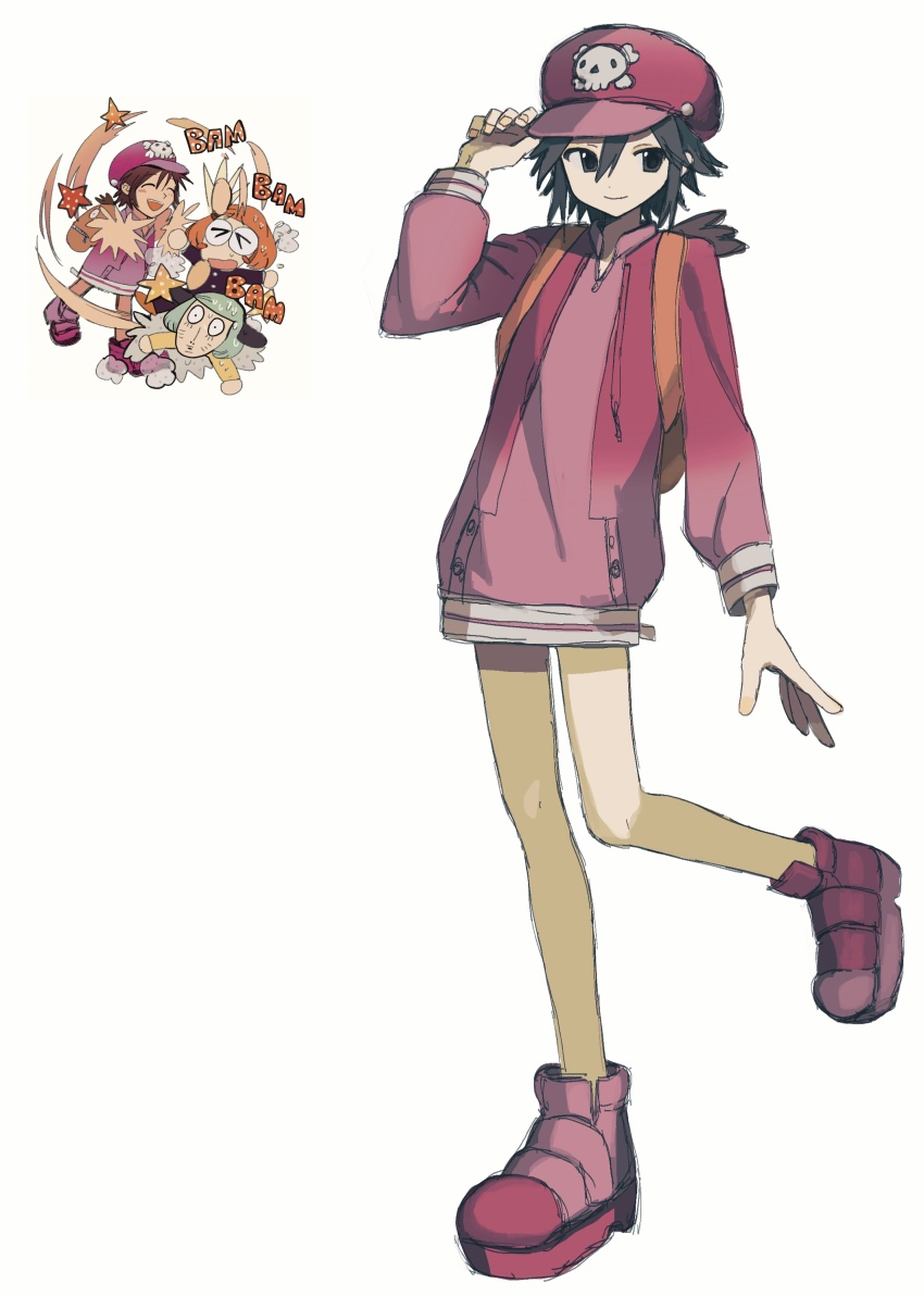 3boys, absurdres, black_eyes, black_hair, boots, commentary_request, dream_luther, hat