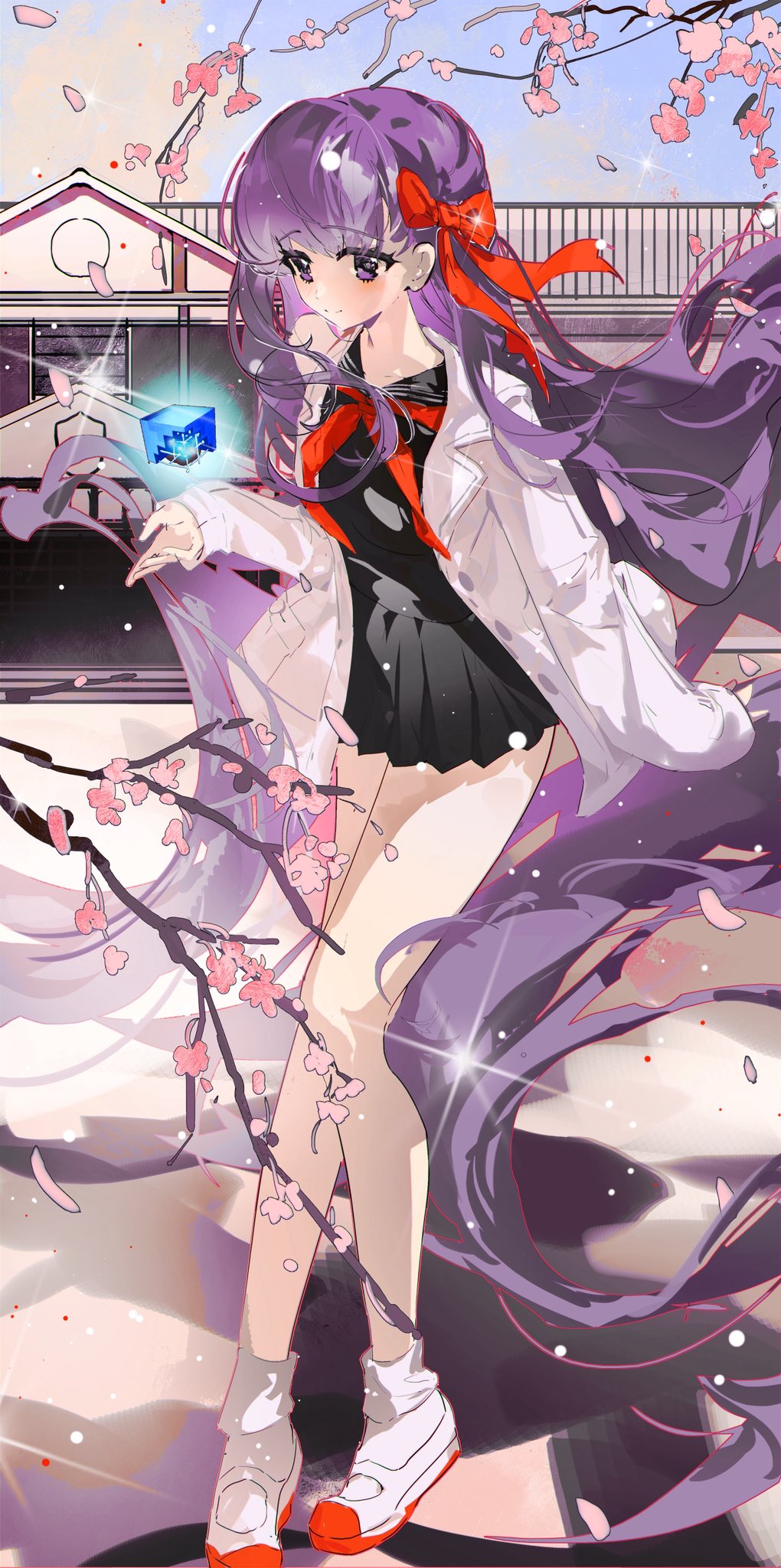 1girl, bow, breasts, cherry_blossoms, fate/extra, fate/extra_ccc, fate_(series), hair_ribbon