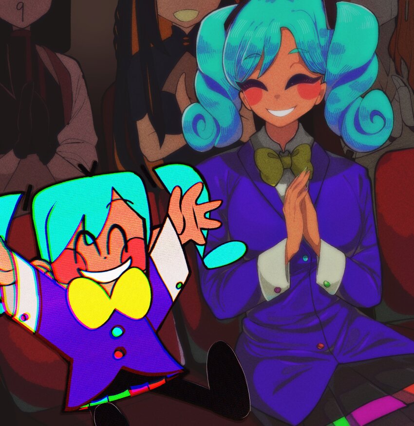 5girls, :d, ^_^, adachi_rei, ambretta, aqua_hair, arms_up, black_skirt, blue_jacket, bow, bowtie, butcher_vanity_(synthesizer_v), clapping, closed_eyes, collared_shirt, commentary, congratulations, dark-skinned_female, dark_skin, dual_persona, english_commentary, facing_another, feng_yi_(synthesizer_v), grin, hatsune_miku, highres, jacket, multicolored_nails, multiple_girls, open_mouth, out_of_frame, pleated_skirt, queen_of_venus_(utau), shirt, short_twintails, sitting, skirt, smile, static_(vocaloid), twintails, utau, vimalion_pro, vocaloid, weiward_romance_(synthesizer_v), white_shirt, yellow_bow, yellow_bowtie, yi_xi_(synthesizer_v)