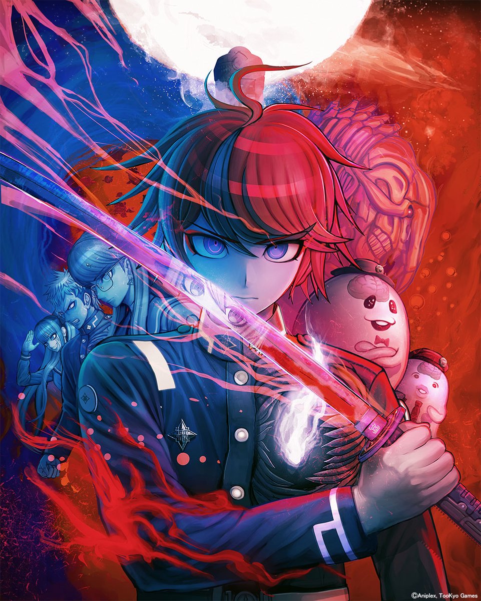 amemiya_darumi, black_hair, blue_background, blue_eyes, bow, closed_mouth, highres, holding