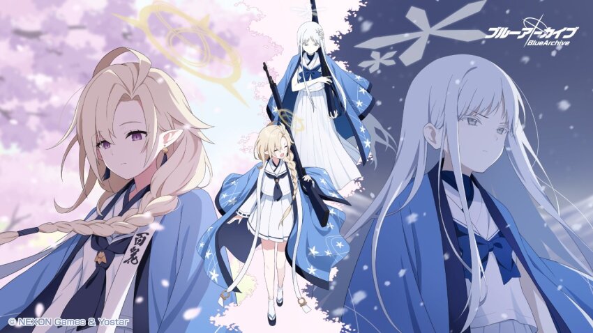 2girls, ayame_(blue_archive), blonde_hair, blue_archive, blue_haori, colored_eyelashes, copyright_logo, hair_ornament