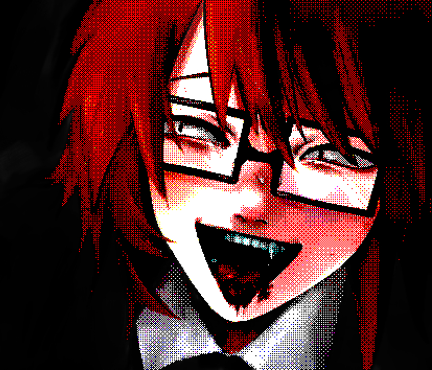 1boy, black_background, black_eyes, blca2s01111, blood, blood_from_mouth, fang, glasses, highres, looking_to_the_side, male_focus, open_mouth, pixel_art, portrait, randal's_friends, randal_ivory, red_hair, short_hair, simple_background, tongue, tongue_out