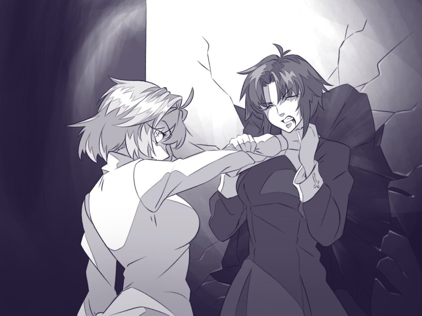 2girls, ahoge, angry, arcueid_brunestud, blood, blood_on_mouth, breasts, buskhusker