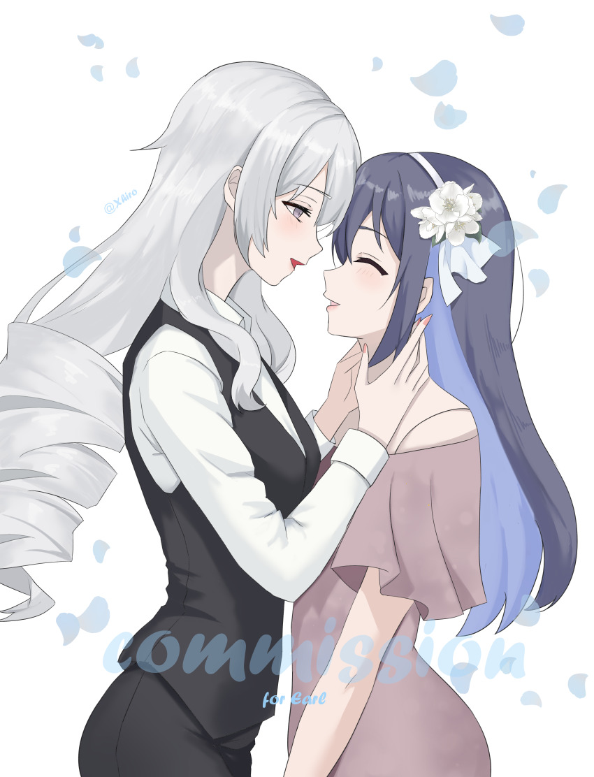 2girls, absurdres, artist_name, black_hair, black_vest, blue_hair, blue_petals, bronya_zaychik