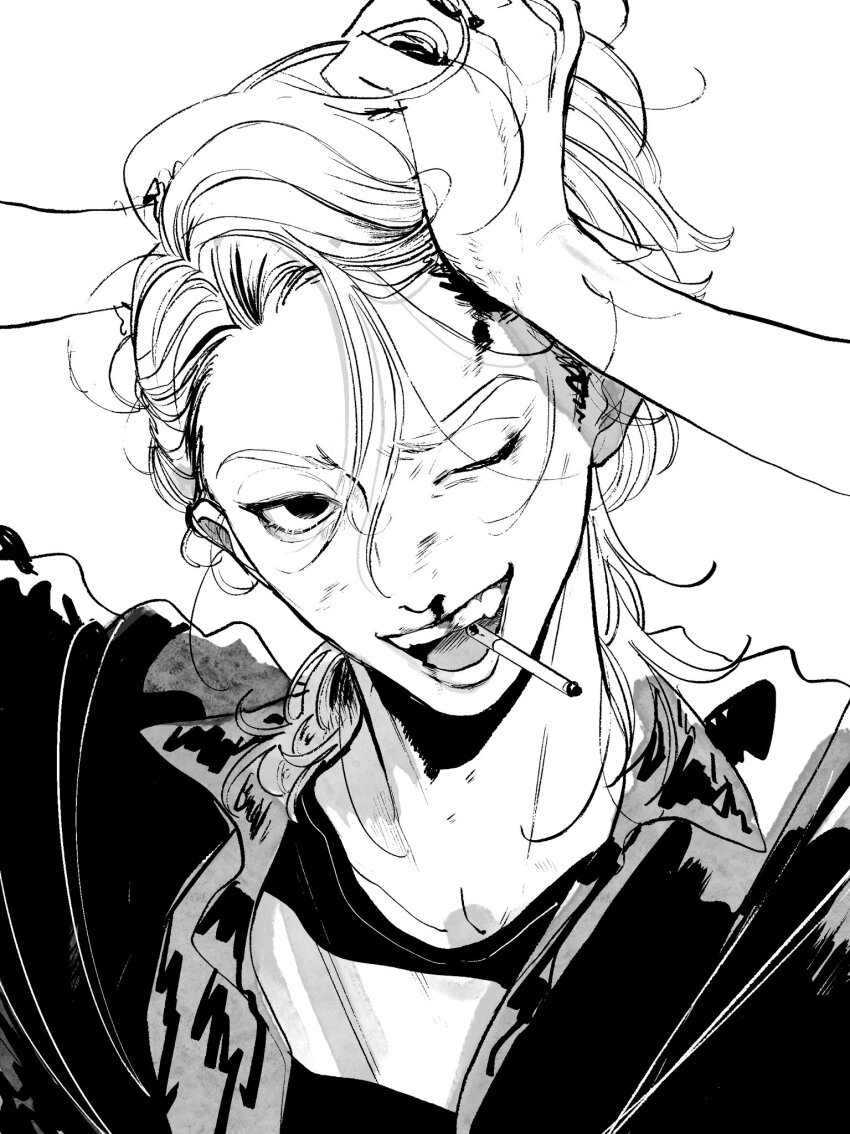 1boy, ;d, abinofa, arima_seigen, arms_up, asymmetrical_bangs, blood, blood_from_forehead, blood_on_teeth, cigarette, collared_shirt, commentary, curtained_hair, cutout_eyelashes, furrowed_brow, greyscale, grin, hand_in_own_hair, head_tilt, highres, holding, holding_own_hair, hypnosis_mic, hypnosis_mic:_rule_the_stage, injury, layered_shirt, looking_at_viewer, male_focus, monochrome, mullet, nosebleed, one_eye_closed, open_mouth, portrait, scratches, shirt, short_hair, sideburns, simple_background, smile, smoking, solo, teeth, white_background