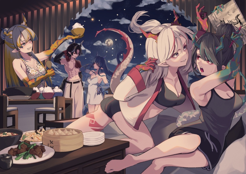 1boy, 4girls, :d, abs, absurdres, alternate_costume, aqua_hair, arknights