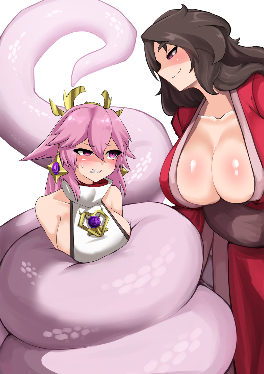 2girls, absurdres, animal_earrings, animal_ears, bdsm, black_hair, bondage, bound