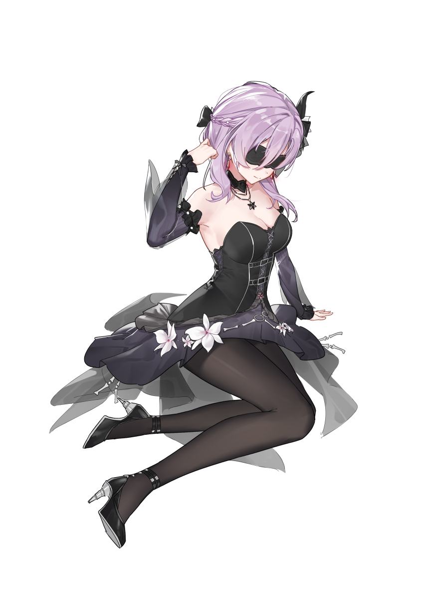 1girl, absurdres, airaila, black_dress, black_pantyhose, black_shoes, blindfold, breasts