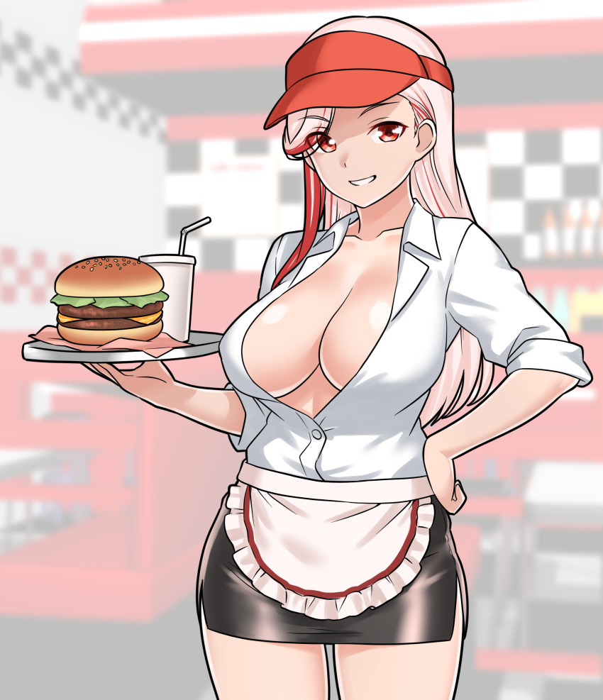 1girl, absurdres, apron, black_skirt, breasts, burger, cleavage, collarbone