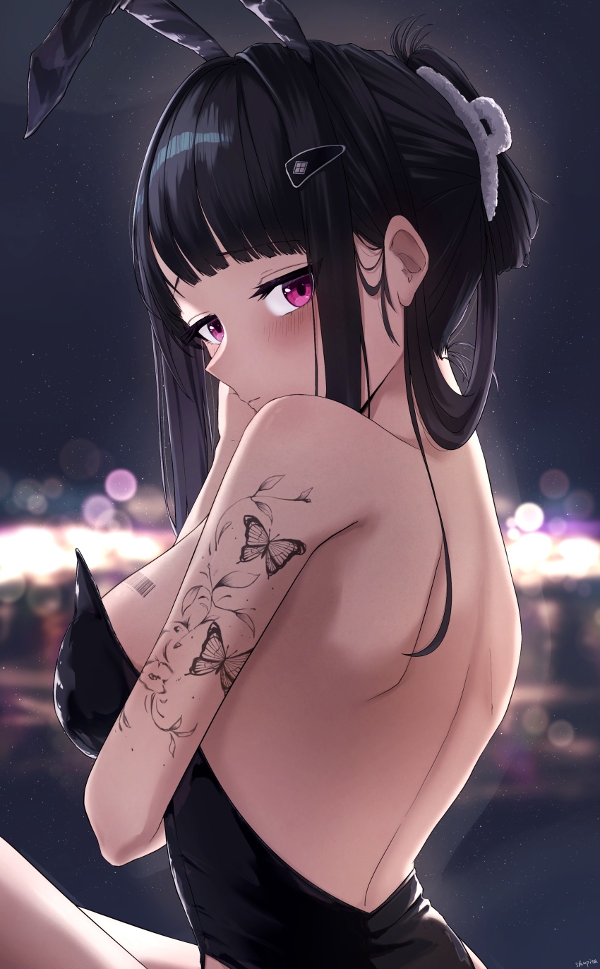 1girl, absurdres, animal_ears, barcode, barcode_tattoo, black_hair, black_leotard, blush