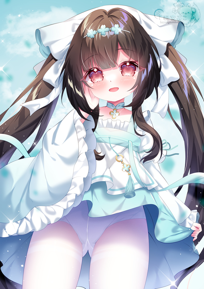 1girl, aqua_dress, azur_lane, blue_choker, blush, bow, breasts, brown_eyes