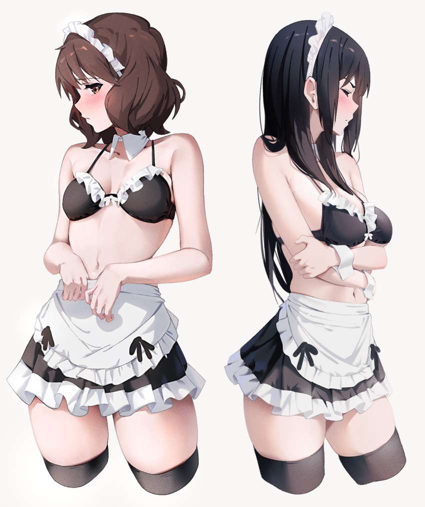 2girls, alternate_costume, apron, bikini, black_bikini, black_hair, black_skirt, black_thighhighs, breasts, brown_eyes, brown_hair, detached_collar, embarrassed, enmaided, hibike!_euphonium, highres, kousaka_reina, lie_lack1080, maid, maid_bikini, maid_headdress, multiple_girls, oumae_kumiko, skirt, swimsuit, thighhighs, thighs, unconventional_maid, white_apron, white_background