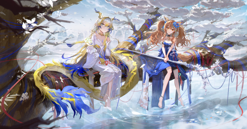 2girls, absurdres, ambience_synesthesia, angelina_(ambience_synesthesia_2025)_(arknights), angelina_(arknights), animal_ears, arknights, bare_shoulders, blonde_hair, blue_dress, branch, breasts, chinese_commentary, commentary_request, dragon_girl, dragon_horns, dragon_tail, dress, eastern_dragon_horns, eastern_dragon_tail, fox_ears, fox_girl, fox_tail, green_eyes, hair_between_eyes, hair_ornament, highres, holding, holding_scepter, horns, hymy4258, long_hair, long_sleeves, medium_breasts, multiple_girls, official_alternate_costume, official_alternate_hairstyle, orange_eyes, scepter, shu_(arknights), shu_(bingwenyuyou)_(arknights), sitting, sitting_on_branch, small_breasts, tail, twintails