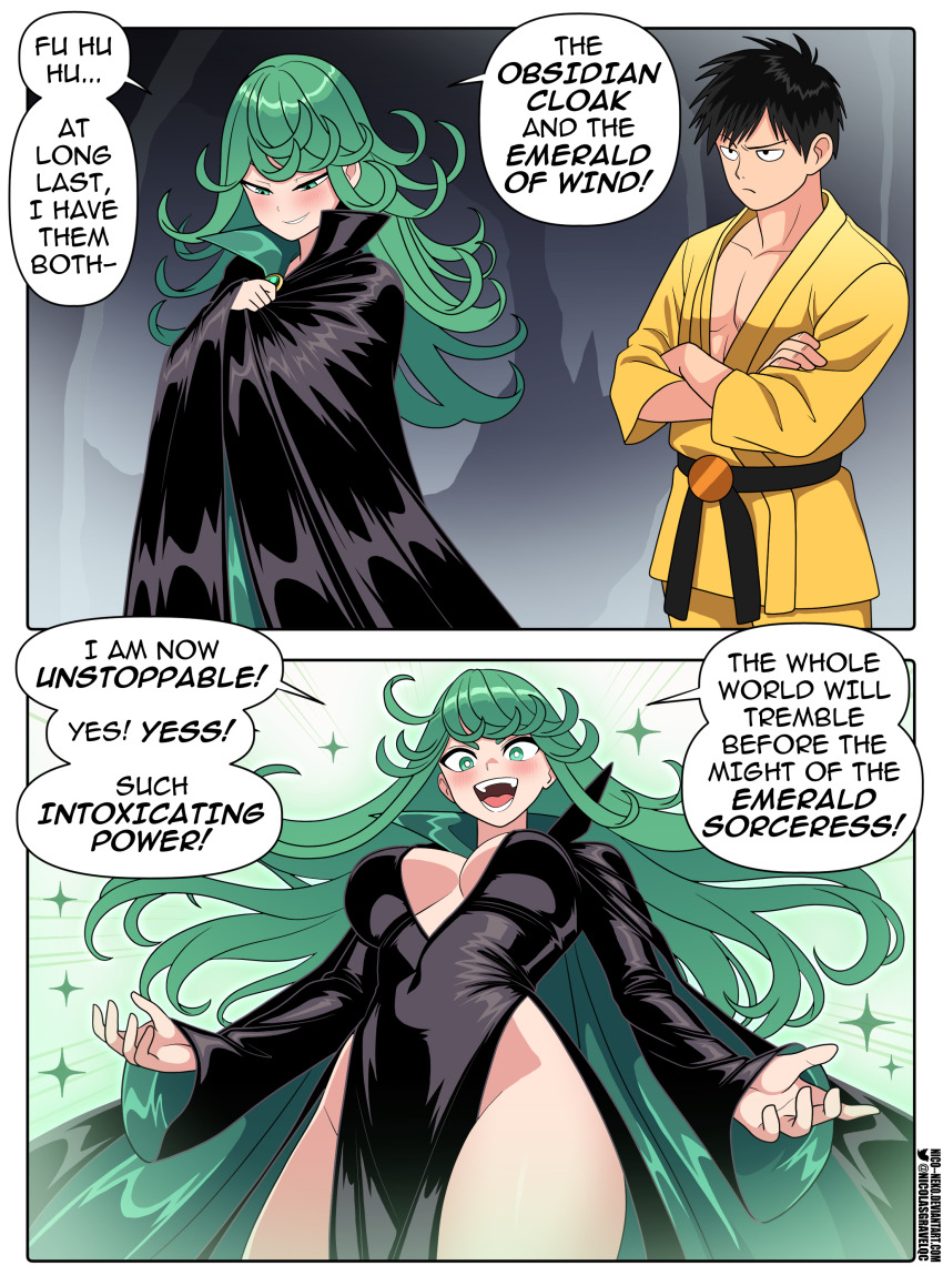 1boy, 1girl, absurdres, alternate_breast_size_(larger), black_dress, black_hair, breasts, curly_hair, dress, flipped_hair, green_eyes, green_hair, highres, large_breasts, long_hair, nico-neko, one-punch_man, open_mouth, pelvic_curtain, saitama_(one-punch_man), tatsumaki, witch, yellow_dougi