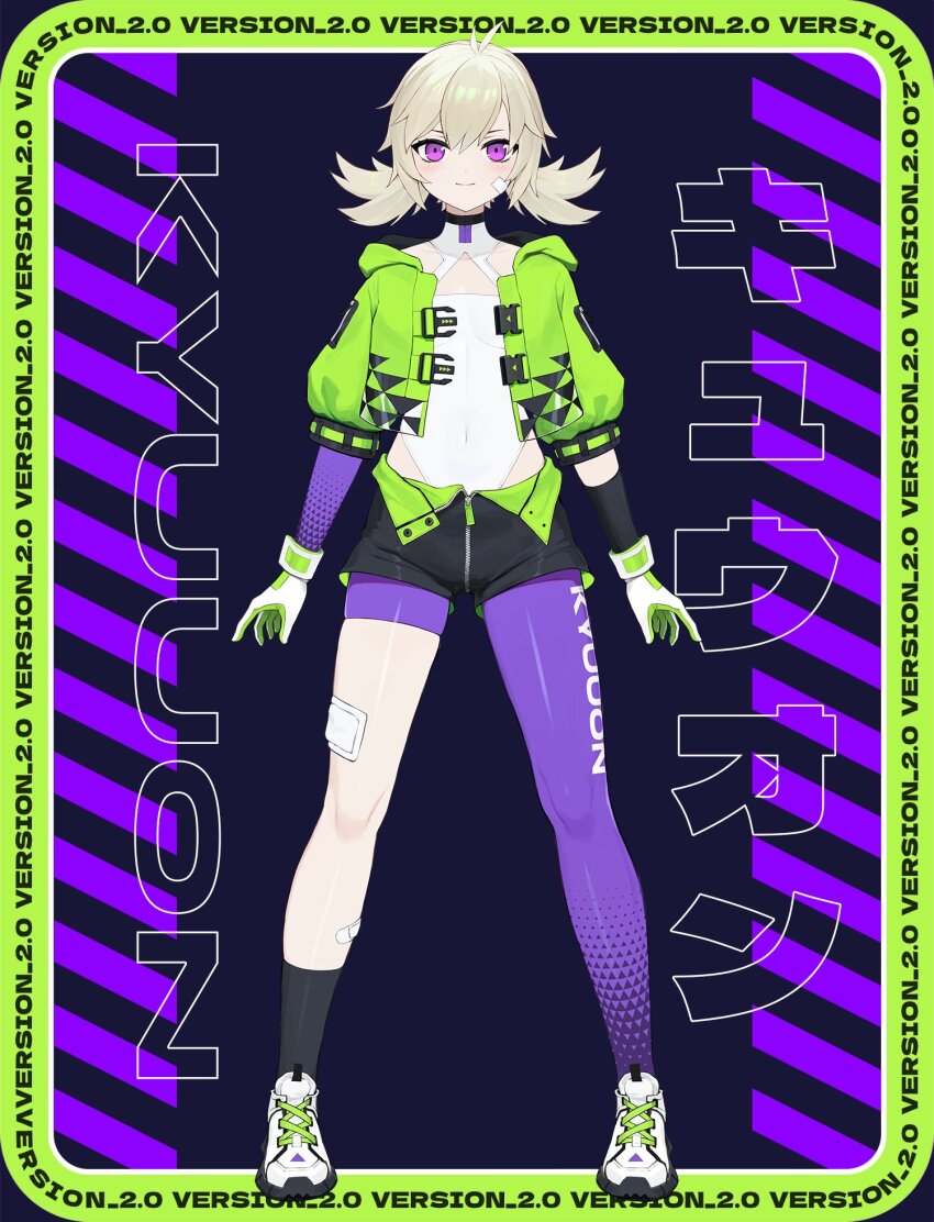 1girl, ankle_socks, antenna_hair, arms_at_sides, asymmetrical_gloves, asymmetrical_legwear, bandage_on_cheek, bandage_on_face