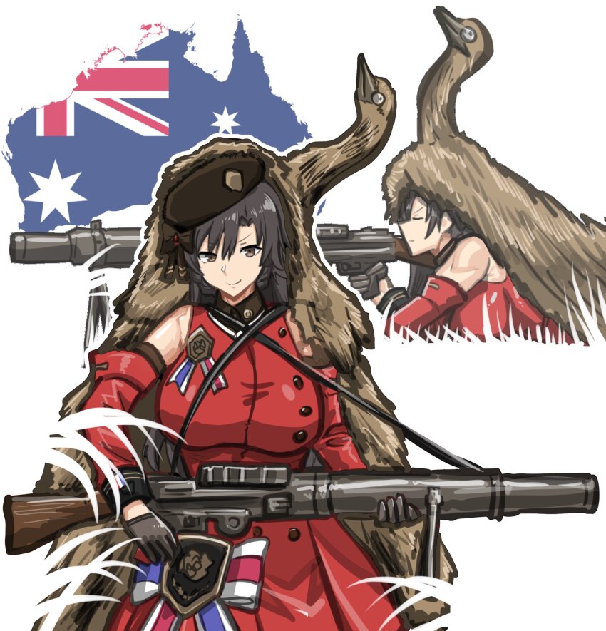 1girl, aiming, australian_flag, beret, black_hair, breasts, brown_hat, emu
