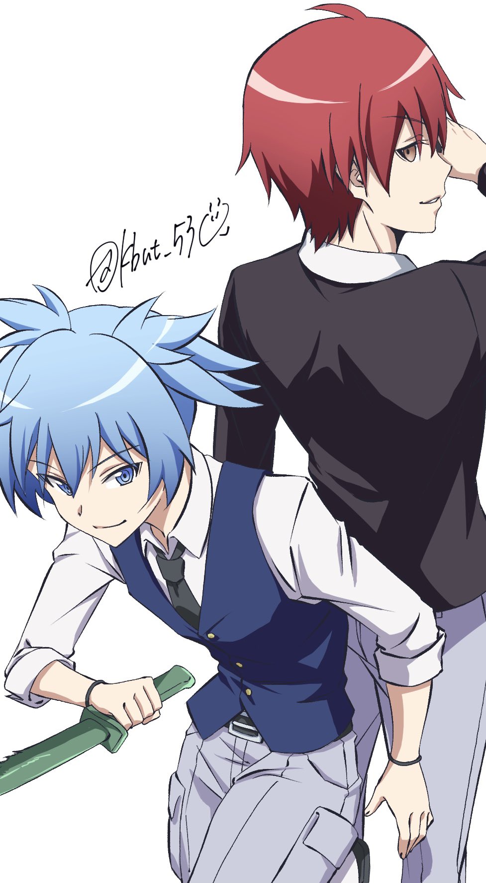 2boys, akabane_karma, ansatsu_kyoushitsu, arm_up, back-to-back, belt, bent_over, black_belt