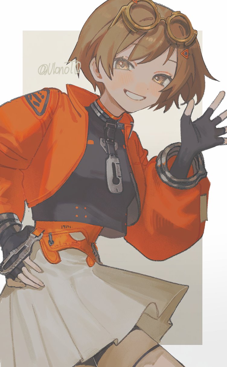 1girl, black_shirt, border, brown_eyes, brown_hair, cowboy_shot, eyewear_on_head, grey_background