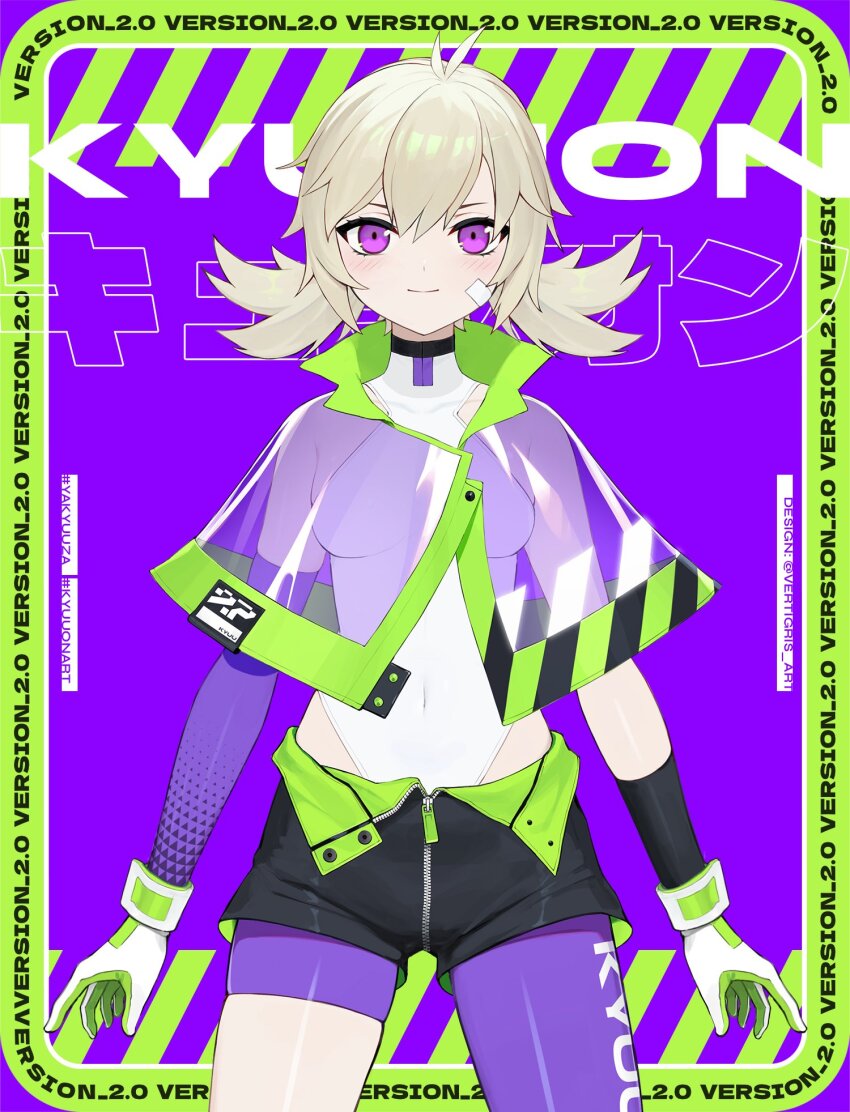 1girl, antenna_hair, arms_at_sides, artist_name, asymmetrical_gloves, asymmetrical_legwear, bandage_on_cheek, bandage_on_face