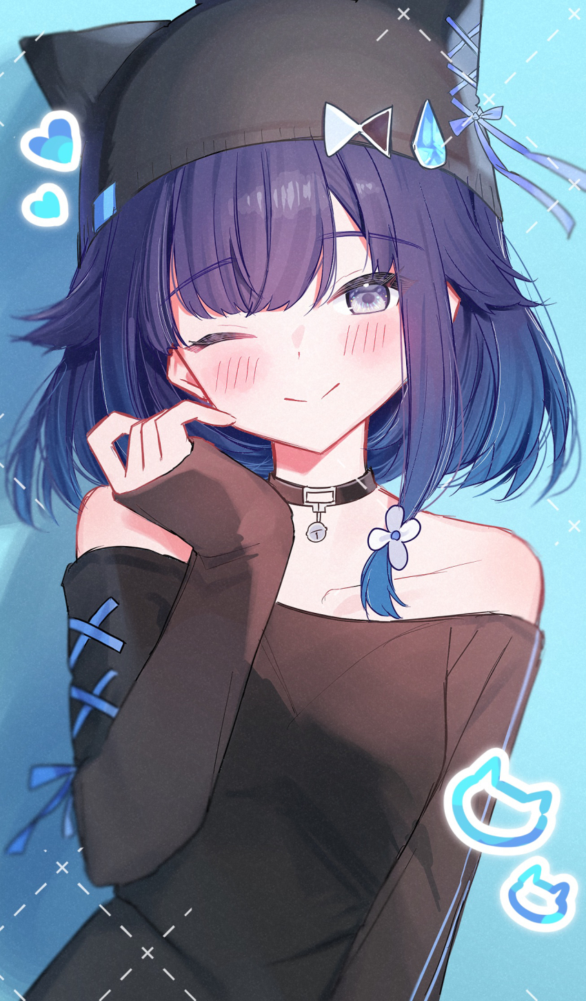 1girl, animal_hat, asatsuki933, black_choker, black_shirt, blue_eyes, blue_hair, blush