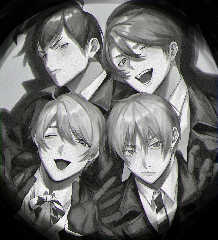 4boys, ahoge, axis_powers_hetalia, benishake8, brothers, collared_shirt, gloves, greyscale