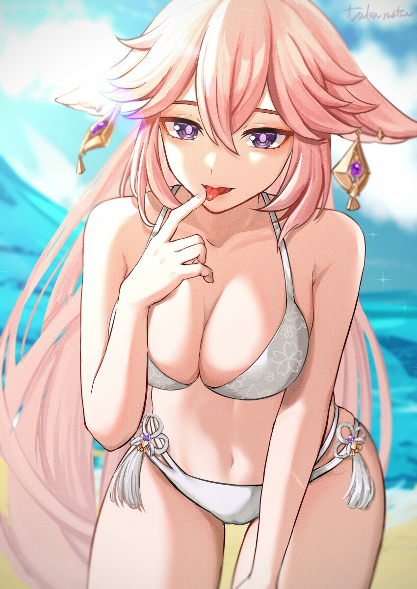 1girl, absurdres, animal_earrings, animal_ears, armpit_crease, bare_shoulders, bikini, blush