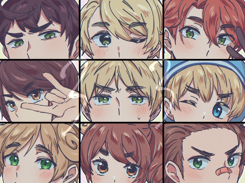 1girl, 6+boys, australia_(hetalia), axis_powers_hetalia, bandaid, bandaid_on_face, bandaid_on_nose, blonde_hair