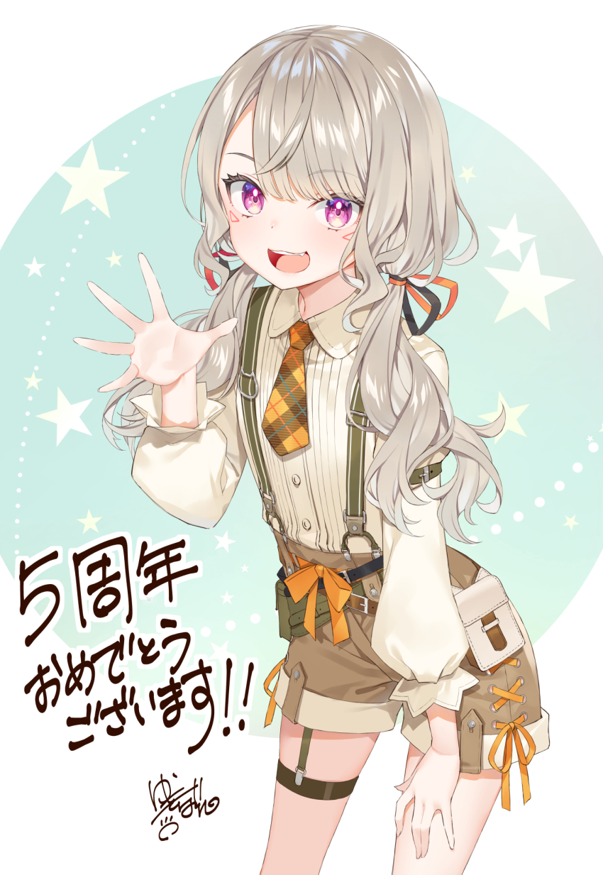 1girl, :d, brown_shorts, collared_shirt, commentary_request, cowboy_shot, facial_mark, fang