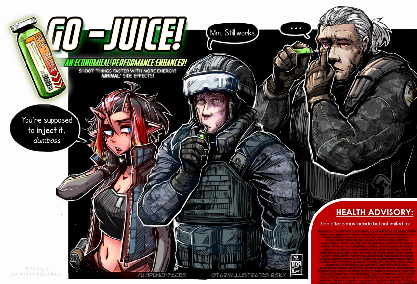 1girl, 2boys, absurdres, ad, ammunition_pouch, artist_name, black_hair, black_tank_top, blonde_hair, blue_eyes, blue_vest, bluesky_username, bulletproof_vest, camouflage, colored_skin, drinking, drinking_straw, drugs, elbow_pads, english_text, gloves, goggles, goggles_on_headwear, green_eyes, gun, handgun, height_difference, helmet, highres, holster, horns, hussar_(rimworld), impid_(rimworld), injection, midriff, multicolored_hair, multiple_boys, open_clothes, open_vest, patch, pawn_(rimworld), pointy_ears, ponytail, pouch, red_eyes, red_hair, red_skin, reddit_username, rimworld, sharp_teeth, shoulder_patch, signature, syringe, tank_top, tarmillustrates, teeth, vest, vial, weapon, white_hair