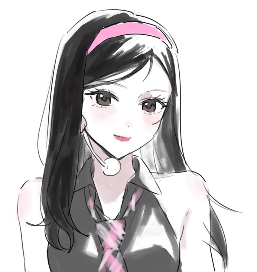 1girl, aespa, bad_id, bad_twitter_id, black_hair, brown_eyes, collared_shirt, hairband