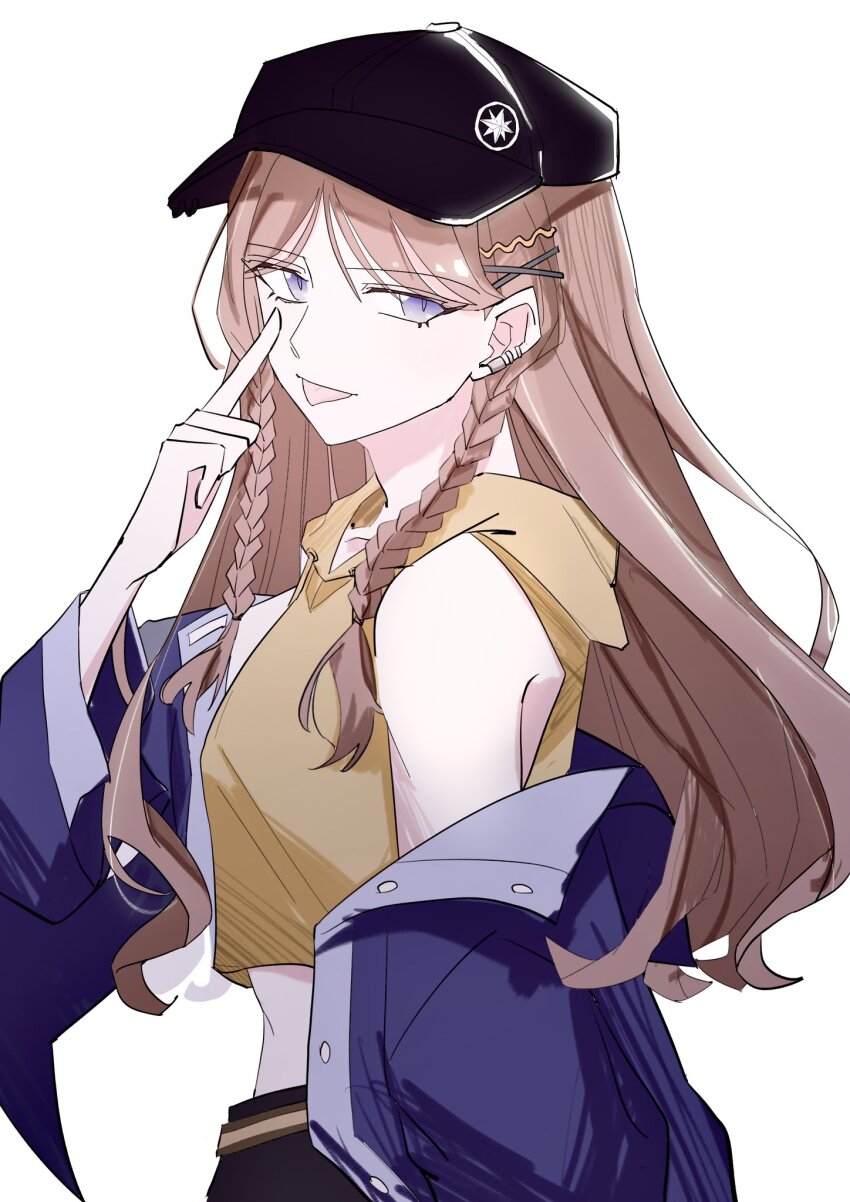 1girl, bang_dream!, bang_dream!_it's_mygo!!!!!, baseball_cap, black_hat, blue_eyes, blue_jacket, braid