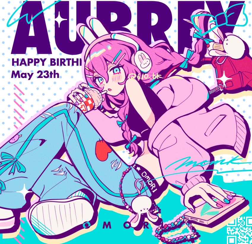 1girl, 610_bk, :o, animal_ear_headphones, animal_ears, aqua_bow, aqua_eyes, aqua_nails, arm_support, aubrey_(birthday)_(omori), aubrey_(faraway)_(omori), aubrey_(omori), barcode, bare_shoulders, beads, belt, black_belt, black_shirt, blue_pants, blush, bow, braid, breasts, character_name, commentary, crop_top, cropped_shirt, cup, cupcake_bunny_(omori), denim, disposable_cup, double-parted_bangs, eyebrows_hidden_by_hair, fake_animal_ears, foot_out_of_frame, forest_bunny?_(omori), hair_between_eyes, hair_bow, hair_ornament, happy_birthday, headphones, highres, holding, holding_cup, jacket, jacket_partially_removed, jeans, jewelry, knee_up, long_hair, long_sleeves, looking_at_viewer, midriff, mr._plantegg_(omori), multicolored_nails, navel, official_alternate_costume, official_alternate_hairstyle, omori, open_mouth, pants, phone, pink_hair, pink_jacket, pink_nails, polka_dot, polka_dot_background, puffy_long_sleeves, puffy_sleeves, purple_nails, rabbit_ear_headphones, rabbit_ears, red_bag, ring, shirt, shoes, simple_background, sitting, sleeveless, sleeveless_shirt, small_breasts, solo, sparkle, untranslatable_commentary, torn_clothes, torn_pants, twin_braids, twitter_username, white_background, white_shoes