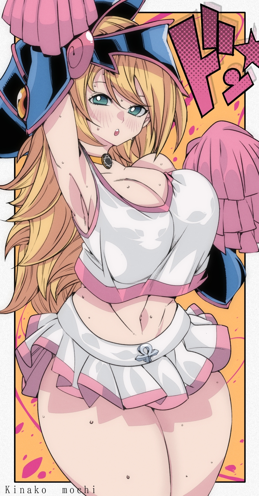 1girl, absurdres, alternate_costume, aqua_eyes, arm_up, armpits, artist_name, blonde_hair