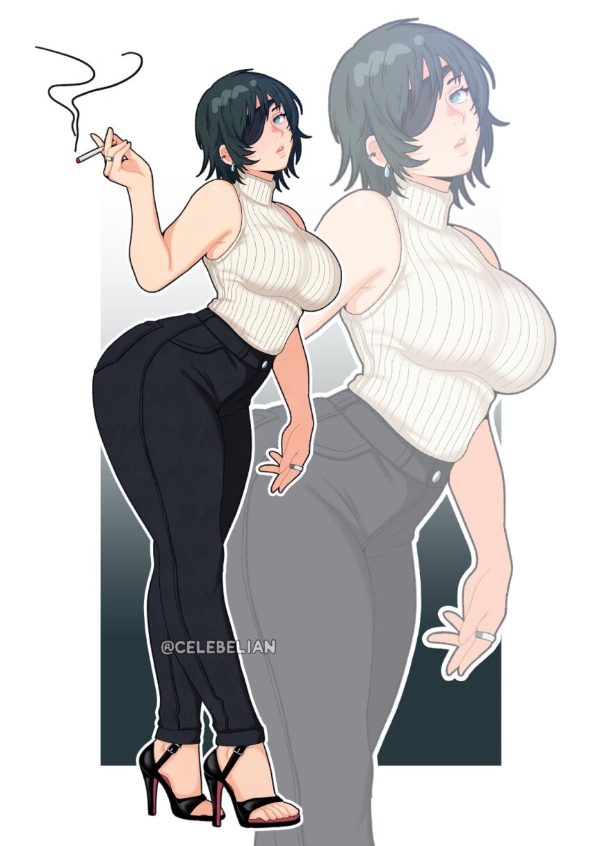 bare_shoulders, black_pants, breasts, celebelian, chainsaw_man, cigarette, ear_piercing, eyepatch