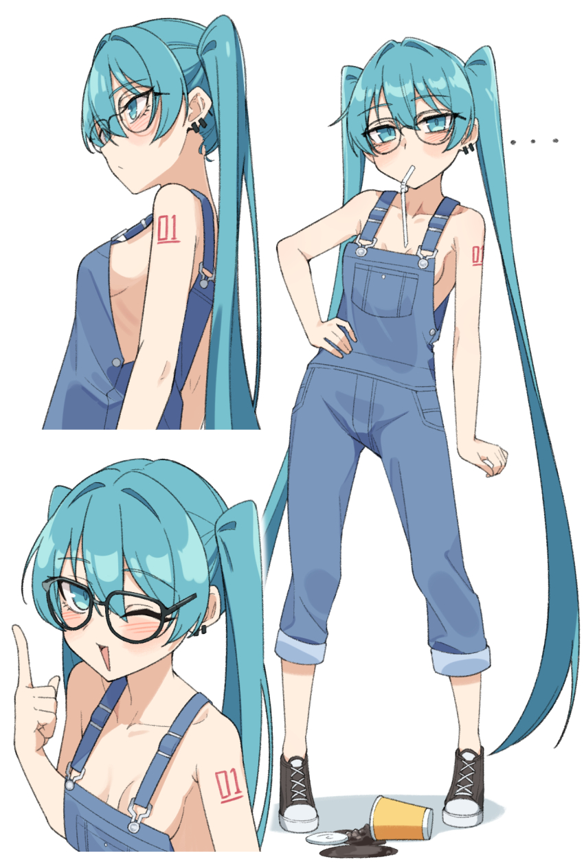 1girl, blue_eyes, blue_hair, breasts, commentary, drinking_straw, drinking_straw_in_mouth, ear_piercing