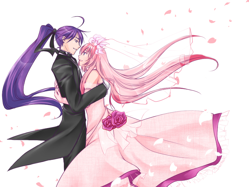 1boy, 1girl, ahoge, couple, dress, flower, formal_clothes, hetero