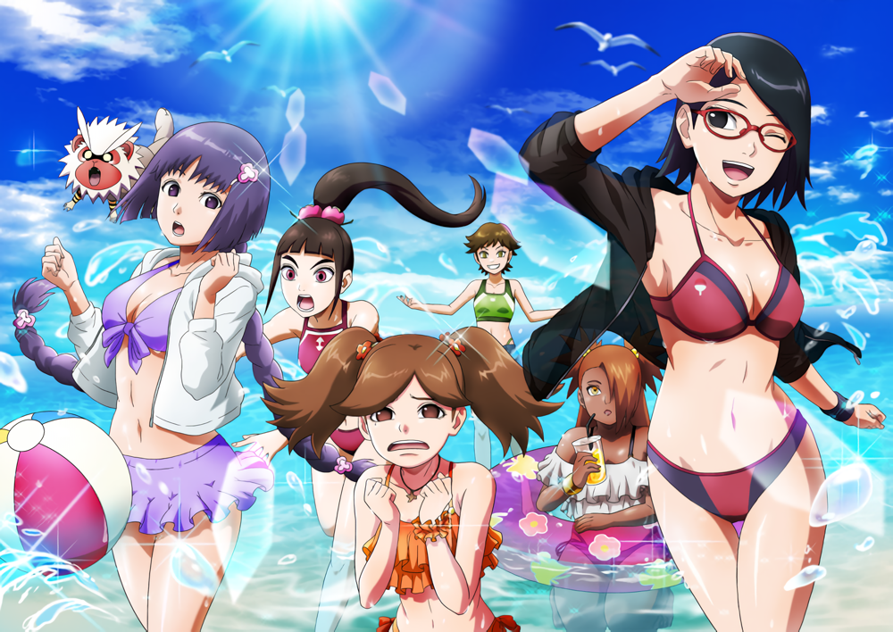 6+girls, akimichi_chouchou, artist_request, ball, bare_arms, bare_legs, bare_shoulders, beach, beachball, belly, bikini, bikini_skirt, bird, black_eyes, black_hair, black_shirt, blouse, boruto:_naruto_next_generations, bracelet, braid, braided_ponytail, breasts, brown_eyes, brown_hair, cleavage, collarbone, cup, dark-skinned_female, dark_skin, drinking_glass, drinking_straw, female_focus, flat_chest, glasses, green_bikini, green_eyes, hair_ornament, izuno_wasabi, jewelry, kakei_sumire, kurogane_tsubaki, long_hair, looking_at_viewer, makeup, medium_breasts, midriff, mole, mole_under_eye, multiple_girls, naruto_(series), navel, necklace, nue_(boruto), nue_(creature), official_art, one_eye_closed, open_mouth, orange_bikini, pink_bikini, pink_eyes, playing, ponytail, prank, purple_bikini, purple_eyes, purple_hair, seagull, see-through_clothes, see-through_shirt, shirt, short_hair, small_breasts, smile, splashing, sports_bikini, surprised, suzumeno_namida, swimsuit, thick_eyebrows, twin_braids, twintails, uchiha_sarada, uchiha_symbol, wet, yellow_eyes