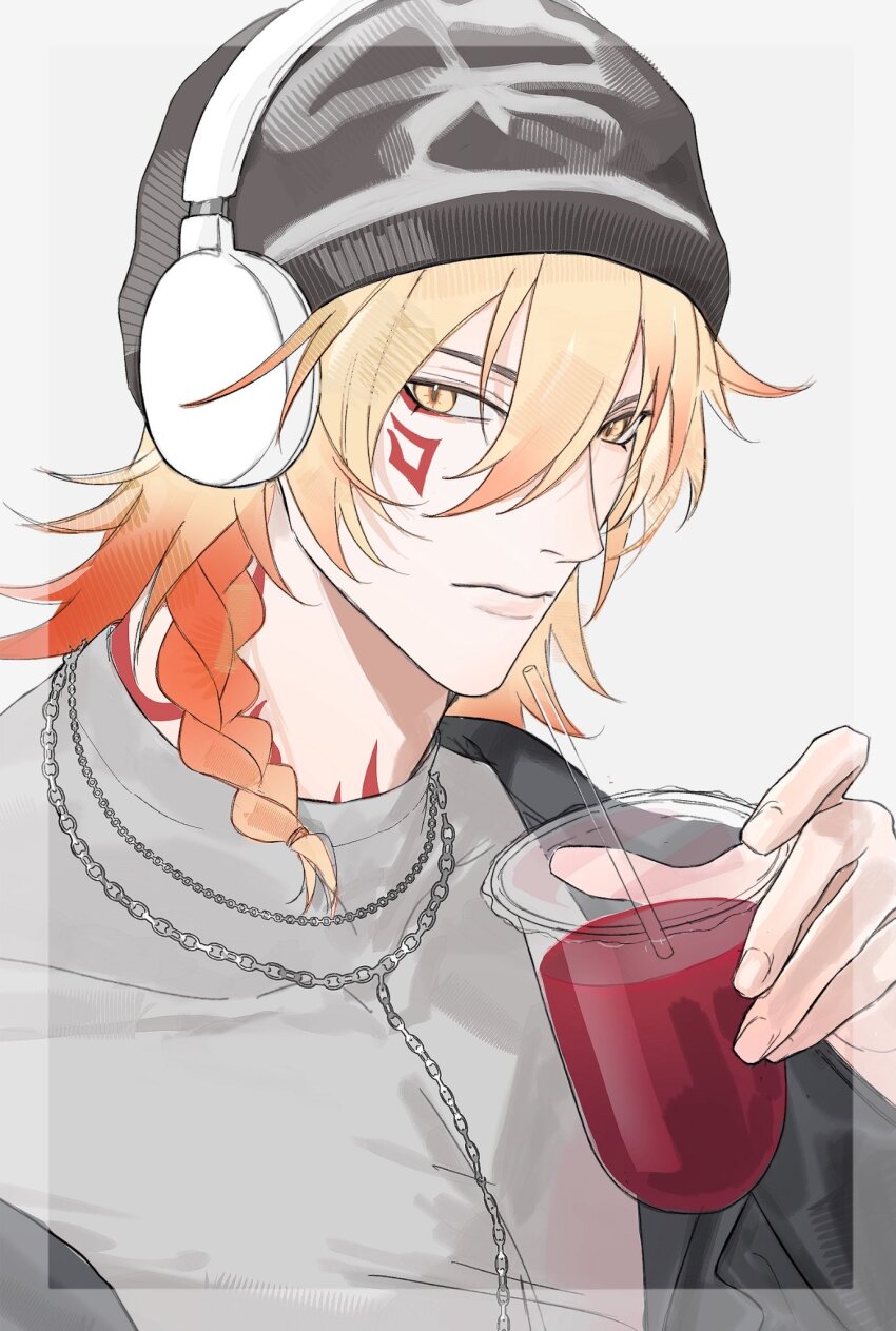 1boy, alternate_costume, beanie, black_jacket, blonde_hair, braid, commentary, cup
