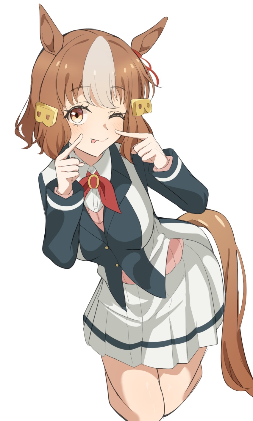 1girl, :p, animal_ears, belno_light_(umamusume), blue_jacket, blush, brown_eyes, brown_hair