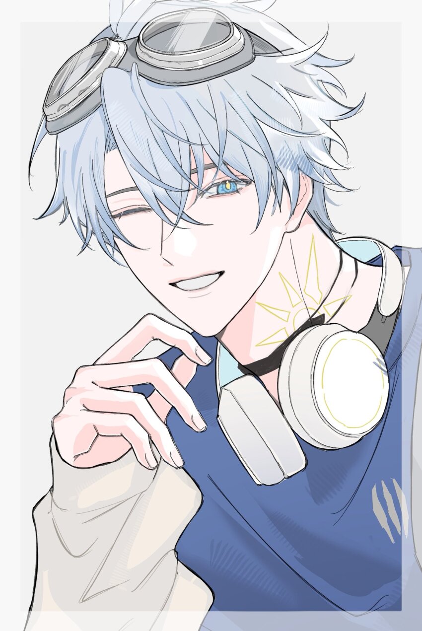 1boy, alternate_costume, antenna_hair, black_choker, blue_eyes, blue_sweater, choker, commentary