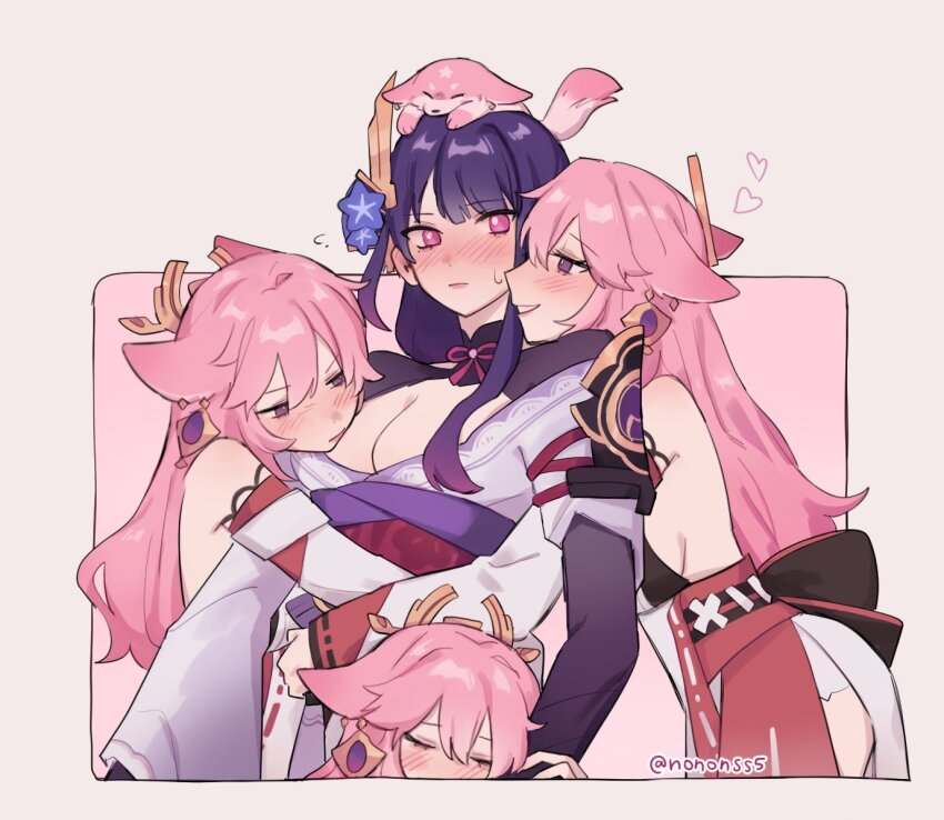 4girls, animal, animal_ears, animal_on_head, artist_name, blush, breasts, cleavage