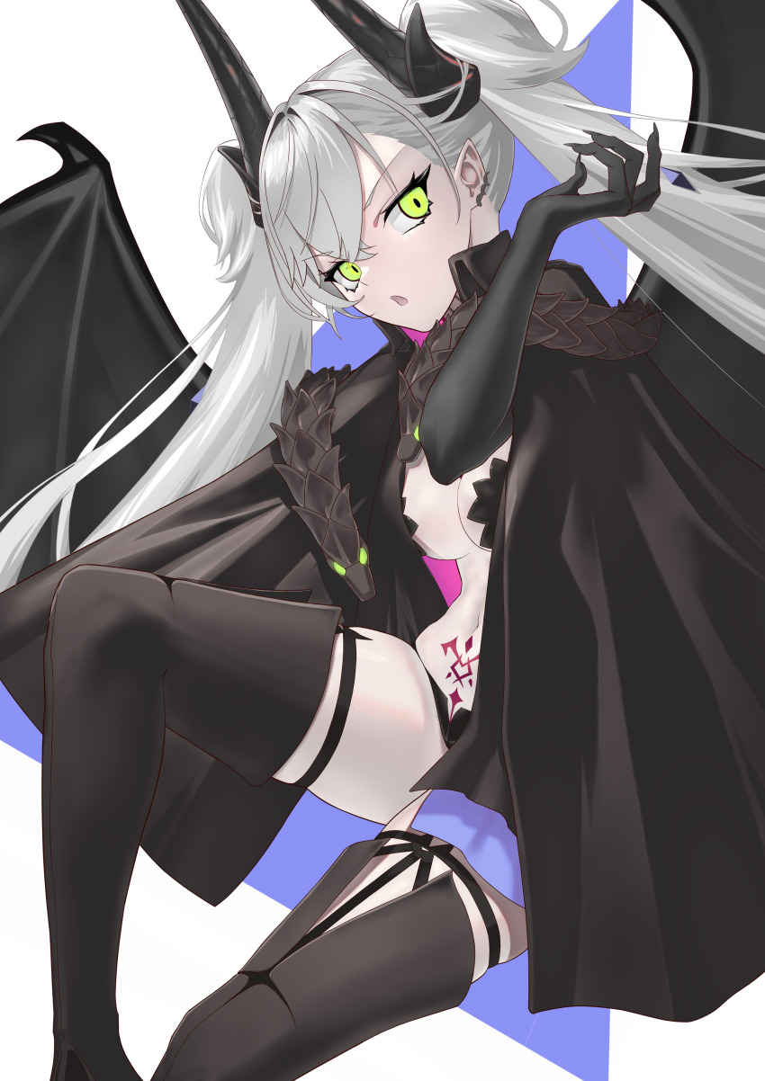 1girl, absurdres, black_cloak, black_hands, black_panties, black_snake, black_thighhighs, body_markings, breasts, cloak, colored_extremities, curvy, demon_girl, demon_horns, demon_wings, earrings, fate/grand_order, fate_(series), green_eyes, grey_hair, hair_around_horn, hair_between_eyes, hands_up, highres, horns, jewelry, large_breasts, lilith_(fate), lilith_(second_ascension)_(fate), long_hair, looking_at_viewer, multiple_snakes, navel, open_mouth, panties, piercing, pointy_ears, pubic_tattoo, simple_background, snake, snake_wrapped_around_neck, solo, stomach_tattoo, tattoo, tattoo_between_breasts, thighhighs, thighs, twintails, underwear, user_pdkp2578, wings, zettai_ryouiki