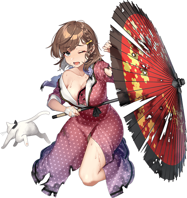 1girl, akasaka_yuzu, asahi_(kancolle), asahi_(rainy_season)_(kancolle), blue_scarf, breasts, brown_hair, burnt_clothes, cat, cleavage, dress, full_body, gloves, gradient_clothes, gradient_dress, grey_eyes, kantai_collection, kneeling, mary_janes, medium_breasts, mole, mole_under_mouth, official_alternate_costume, official_art, oil-paper_umbrella, one_eye_closed, polka_dot, polka_dot_dress, red_dress, scarf, shoes, short_hair, socks, solo, standing, transparent_background, umbrella, white_cat, white_gloves, white_socks