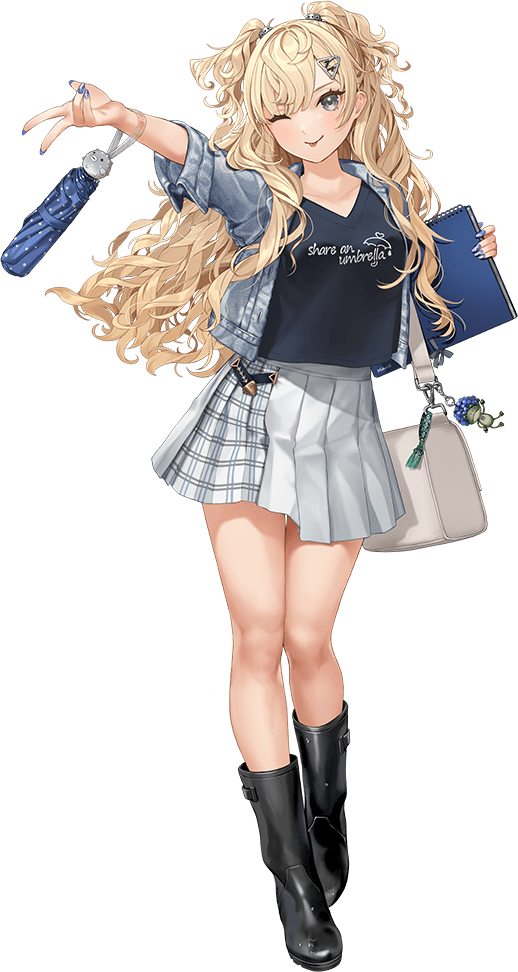 1girl, bag, black_shirt, blonde_hair, blue_jacket, book, closed_umbrella, clothes_writing