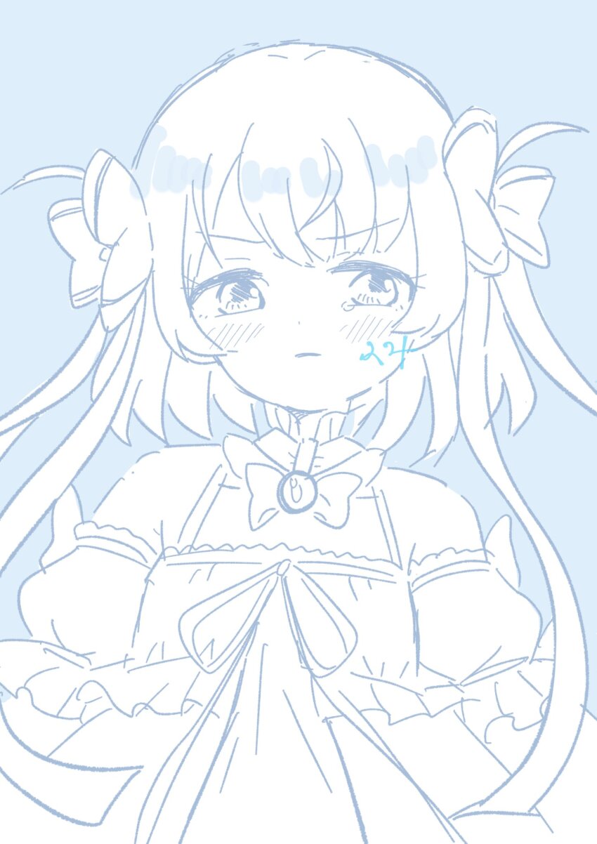 1girl, arms_at_sides, artist_name, assault_lily, bare_shoulders, blue_background, blush, bow