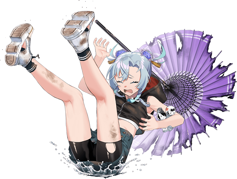 1girl, black_shirt, blue_hair, braid, burnt_clothes, closed_eyes, falling, grey_skirt
