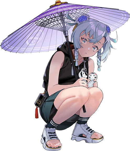 1girl, black_shirt, blue_eyes, blue_hair, braid, grey_skirt, hooded_shirt, hoshiakari_(c2_kikan), kantai_collection, looking_at_viewer, official_alternate_costume, official_art, oil-paper_umbrella, open-toe_shoes, purple_umbrella, shimane_maru_(kancolle), shimane_maru_(rainy_season)_(kancolle), shirt, short_hair, shorts, shorts_under_skirt, side_braids, skirt, sleeveless, sleeveless_shirt, solo, squatting, teruterubouzu, transparent_background, twin_braids, umbrella