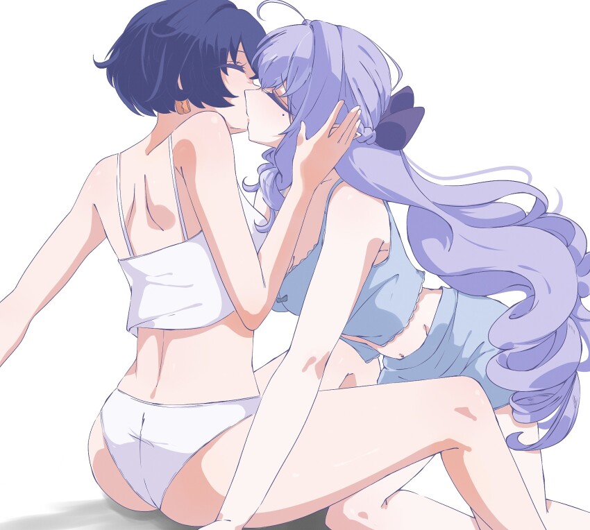 2girls, ahoge, ass, belle_(zenless_zone_zero), blue_bra, blue_hair, blue_panties, bra, breasts, cleavage, closed_eyes, commentary_request, highres, kiss, long_hair, medium_breasts, mole, mole_under_eye, multiple_girls, navel, panties, purple_hair, short_hair, simple_background, sitting, underwear, underwear_only, vivian_banshee, white_background, white_bra, white_panties, yuri, yuriyurisuki, zenless_zone_zero
