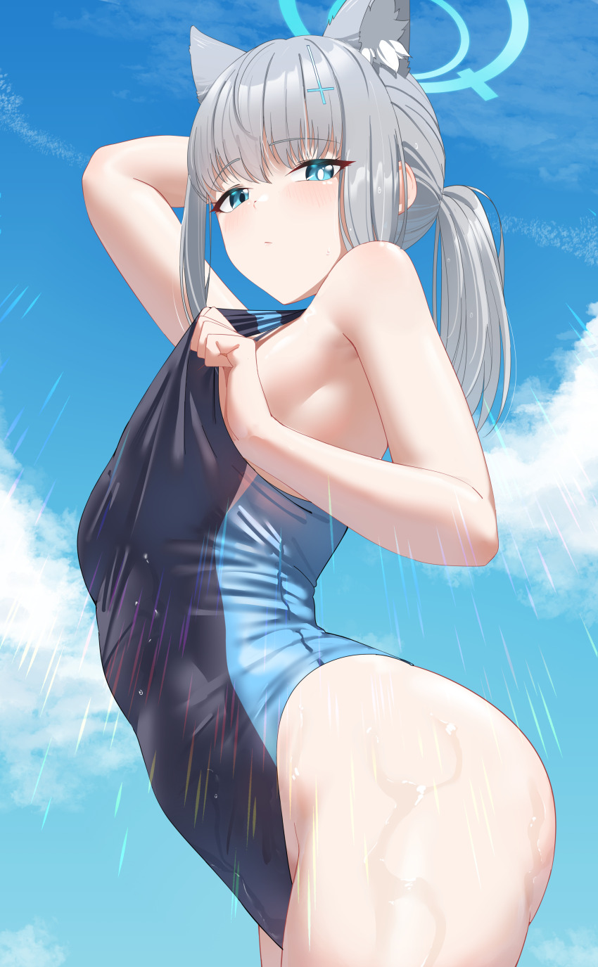 1girl, absurdres, animal_ear_fluff, animal_ears, black_one-piece_swimsuit, blue_archive, blue_eyes, blue_sky