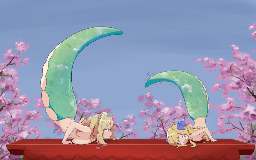 2girls, absurdres, blonde_hair, blue_eyes, breasts, closed_mouth, full_body, hair_ribbon